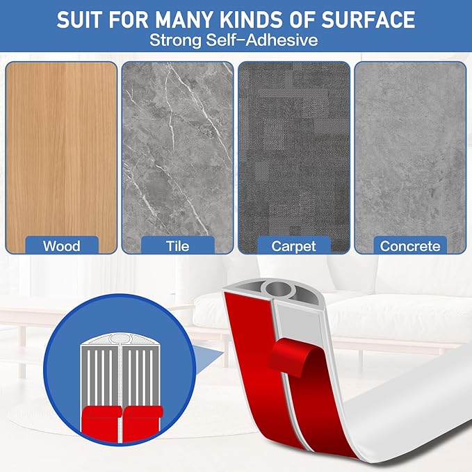 Floor Cord Cover Self Adhesive Cord Hider Floor Extension Cord Covers for Floor Power Cord Protector Cable Management Prevent Cable Trips Cable Cavity 0.32" W x 0.32" H (White, 20Ft)
