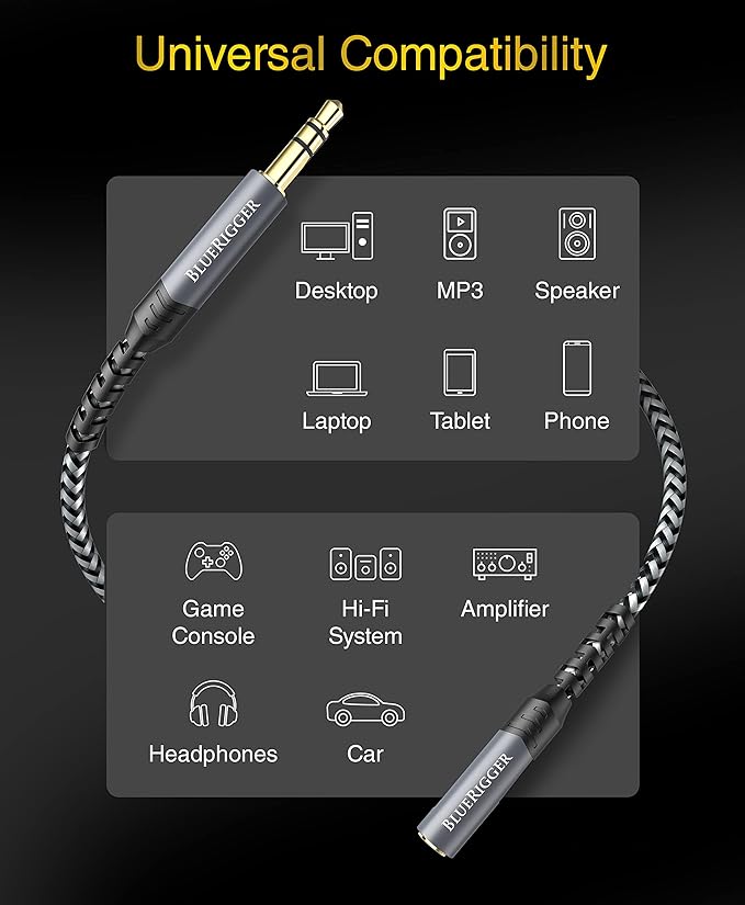 BlueRigger Headphone Extension Cable (25FT, 24K Gold Plated Jack, Hi-Fi Sound, 3.5mm Male to Female Stereo Audio Cable) – Aux Cord for iPod, Laptops, Smartphones, Speakers, Tablets, Home Car Stereo