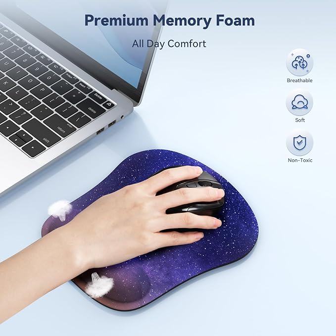 TECKNET 2 Pack Mouse Pad with Wrist Support, Ergonomic Gaming Mouse Pad Pain Relief, Portable Comfortable Mousepad for Computer, Laptop, Office, Home Non-Slip Base, Waterproof Surface - Purple Galaxy