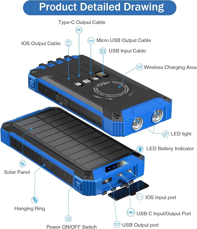 GOODaaa Power Bank Wireless Charger 36000mAh Built in 4 Cables Six Outputs 15W Fast Charging Power Bank for All Mobile Devices Three Inputs Solar Portable Charger with Dual Flashlights, Carabiner