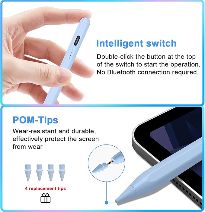 Stylus Pen for iPad 9th&10th - Type-c Charging Pencil for ipad Palm Rejection Active Pen Compatible with (2018-2025) Apple iPad 6/7/8/9/10/11(A16), Air 3/4/5/M2/M3, Mini 5/6, Pro 11"/12.9"/M4（Blue）