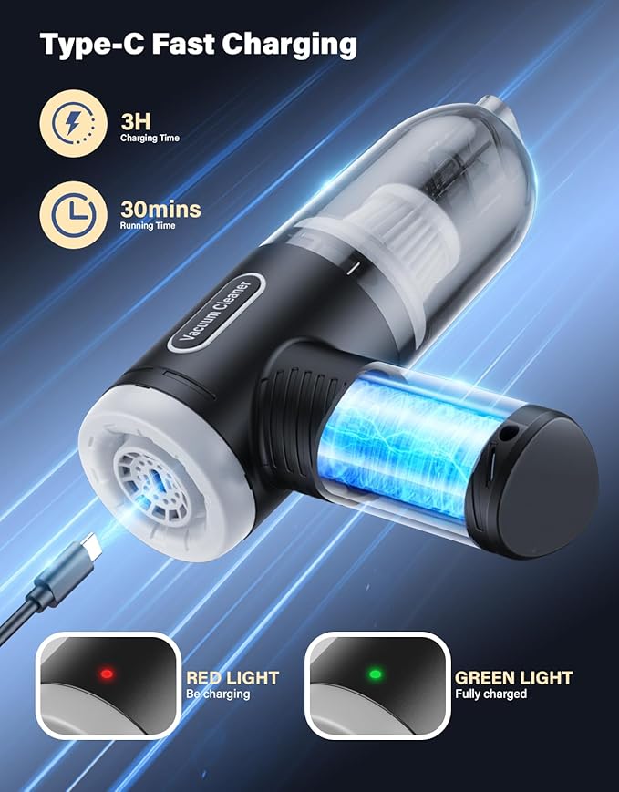 Car Vacuum Portable Cordless, 16000Pa Handheld Vacuum Mini Vacuum Cleaner High Power with Best Suction Brushless Motor, 4 in 1 2-Speed Air Duster Portable Vacuum for Car Keyboard Pet Hair