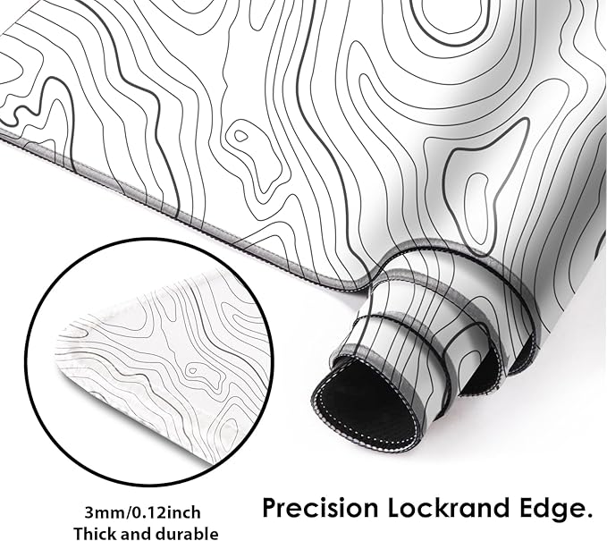 Gaming Mouse Mat Forest Background Pattern XXL XL Large Mouse Mat Long Extended Mouse Pad Desk Mat Non-Slip Rubber Mice Pads Stitched Edges Thin Pad (Topographic Map White)