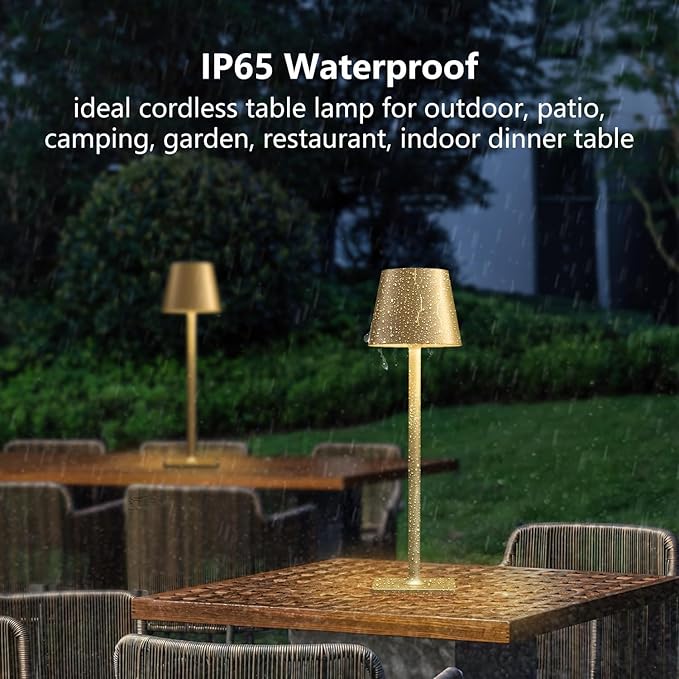 2 Pack Rechargeable Table Lamps, Gold Cordless Lamps - Battery Operated Touch Lamp, Outdoor Table Lights, Waterproof, Wireless, Portable Desk Lamp for Restaurant, Bedroom, Patio(Gold)