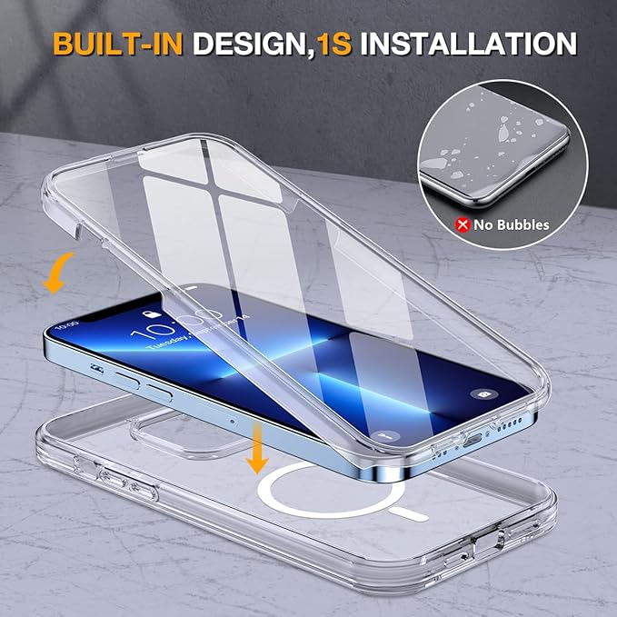 Miracase Magnetic for iPhone 13 Pro Max Case 6.7 inch, (Compatible with MagSafe) Upgrade Full-Body Clear Phone Bumper Case with Built-in 9H Tempered Glass Screen Protector, Magnetic Clear