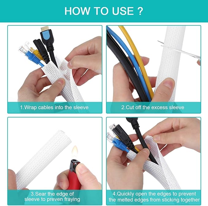 6.6ft - 1.2 inch White Cable Sleeve, Cable Organizer for Desk PC TV Computer, Wire Protector Cable Wrap Cover, Cord Management for Home Office