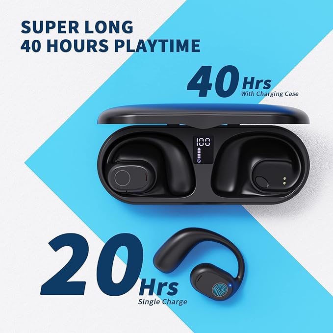 Open Ear Headphones, True Wireless Earbuds 40H Playtime Bone Conduction Headphones with Mic, Bluetooth 5.3 Over Ear Earbuds with Hooks & LED Display Charging Case, IPX6 for Sports (Black)
