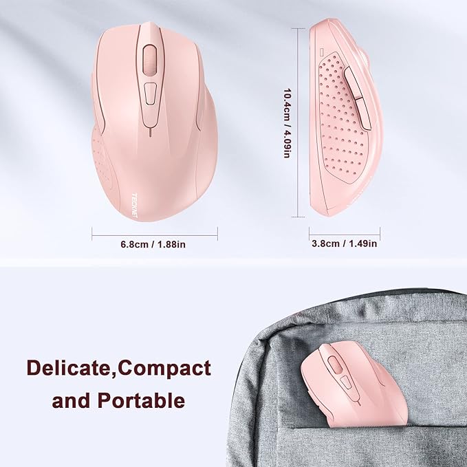 TECKNET Wireless Mouse, 2.4G Ergonomic Optical Mouse, Computer Mouse for Laptop, PC, Computer, Chromebook, Notebook, 6 Buttons, 24 Months Battery Life, 4000 DPI, 6 Adjustment Levels
