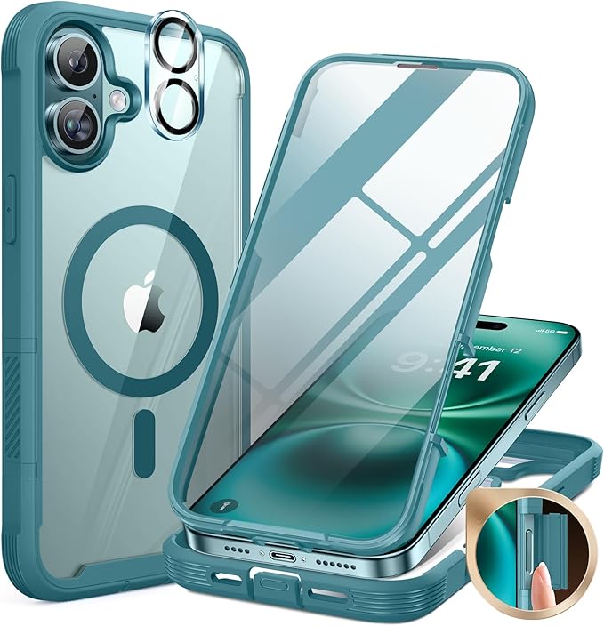 Miracase for iPhone 16 Case 6.1'', [Bubble Free] Full-Body Bumper Phone case with Built-in Full Glass Screen &Lens Protector,No Gap,Compatible with MagSafe,Drop Proof 16 Cover,Green