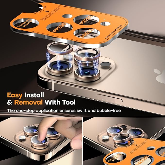 Camera Lens Protector for iPhone 16 Pro Max/16 Pro/15 Pro Max/15 Pro/14 Pro Max/14 Pro, Sapphire Glass Metal Individual Camera Cover Screen, Anti-drop, Case Friendly- Glitter Desert Titanium