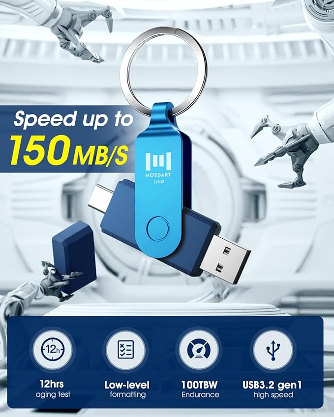 MOSDART 128GB Dual USB C Flash Drive, Speed Up to 150MB/S Type C 3.1 Thumb Drive with Keychain and LED Indicator, for iPhone 15 and 16, Android Phone, iPad, MacBook, and Laptops, Navy Blue