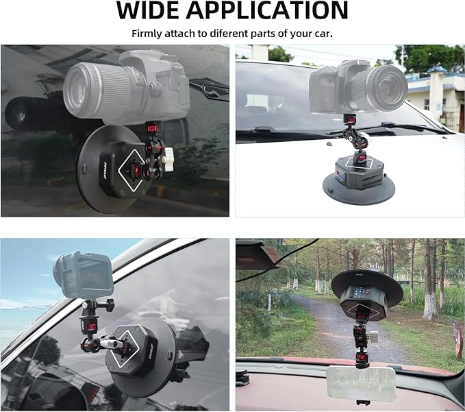 FIFIELD 6in Electric Auto Pump Suction Cup Camera Mount with Aluminum Ball Head Magic Arm, Automatic Air Pump Vacuum Cup, Quick Release Car Mount Compatible with DJI OSMO Pocket 3 Insta360 iPhone