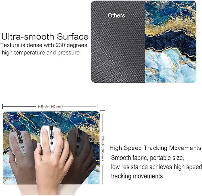 Mouse Pad, Marble Mouse Pad, Premium-Textured Mouse Mat Square Waterproof Non-Slip Rubber Base Computer Mousepad for Office Laptop Desk, Blue Gold Cracked Marbling