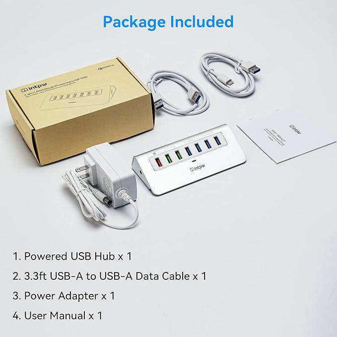 Powered USB Hub 10Gbps, Aluminum 7 Port USB 3.2 Data Hub with 4 USB 3.2 Gen 2 Ports, 3 Fast Charging Ports, 30W Power Adapter, Type A & C Cable for Mac, PC, Laptop