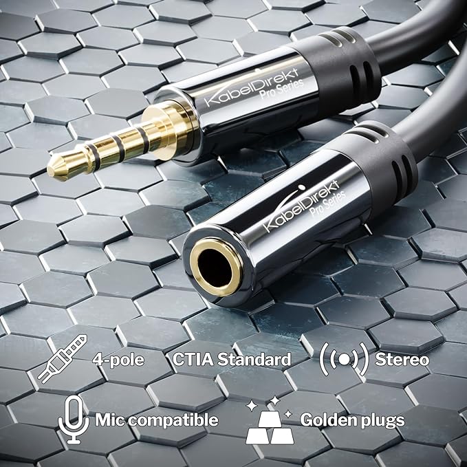 KabelDirekt – Headset Extension Cable – 10ft – Headphone Extension Cord with Break-Proof Metal Plug for Gaming Headsets & Headphones with Microphone, TRRS, 4-Pole, 3.5mm Male to Female