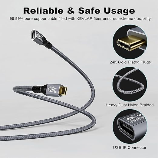 CABLEDECONN USB C 3.2 Gen-2 Extension Cable 0.5M 1.6FT Thunderbolt 3 240W Fast Charging Cable Male to Female Data Transfer 20Gbps 48V/5A Type-C Cable 4K Video Output Compatible with MacBook