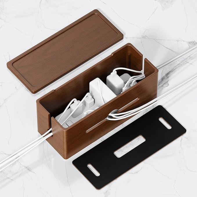 Extra Large Cable Management Box – Brown Double Layer Wooden Cord Organizer with Divider for Desk, TV Stand, Kitchen, and Office （NO Power Strips or Chargers）