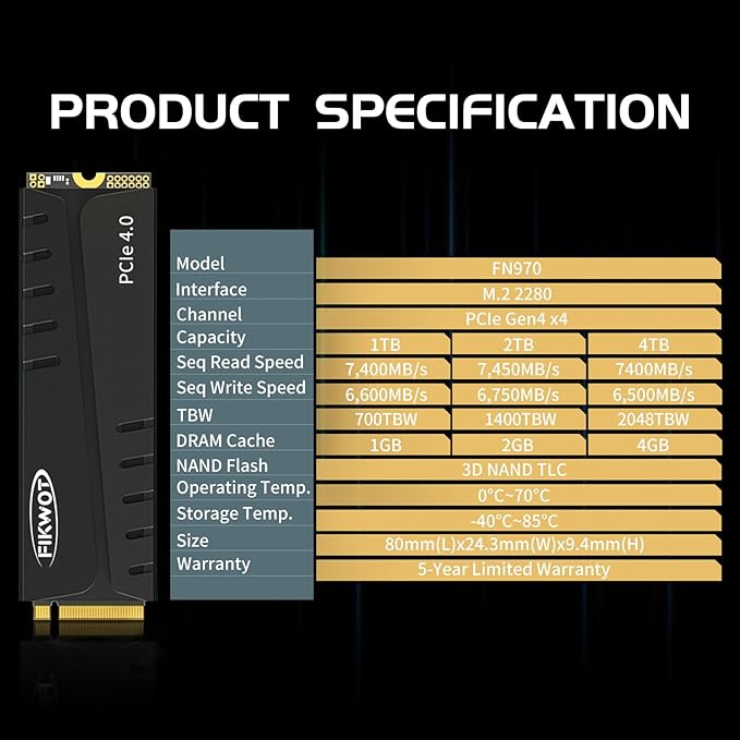 FN970 1TB M.2 2280 PCIe Gen4 x4 NVMe 1.4 Internal Solid State Drive with Heatsink - Speeds up to 7,400MB/s, Configure DRAM Cache, Compatible PS5 Internal SSD