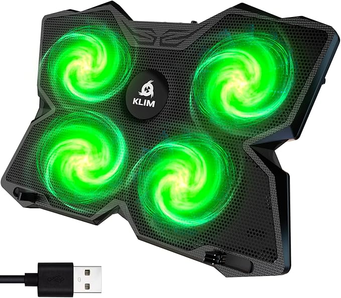 KLIM Wind Laptop Cooling Pad - Support 11 to 17 Inch Laptops, PS4-4 Fans - Light, Quiet, Powerful Cooling - Gamer USB Slim Portable Laptop Stand - New 2021 Version - Green