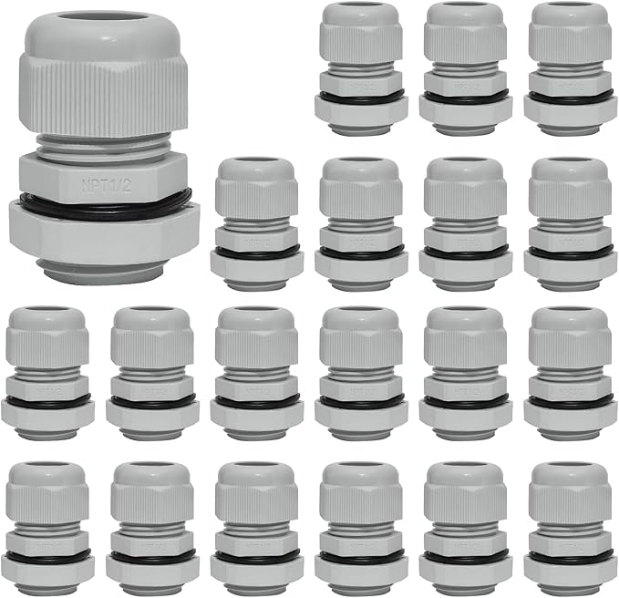 20 Pcs 1/2" NPT Nylon Cable Glands, IP68 Waterproof Adjustable Cord Grip Cable Connector Strain Relief Wire Protectors for 6-12mm Cable Diameter, Grey