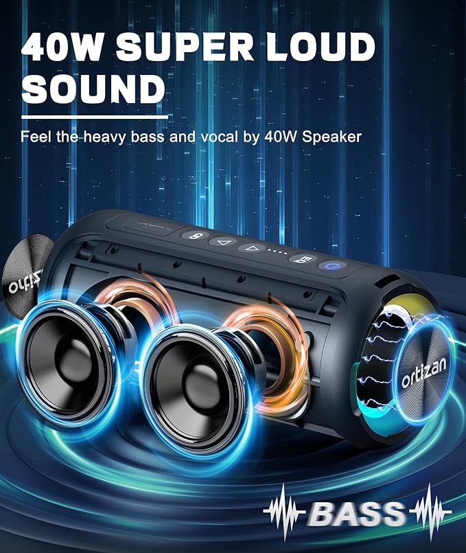 Ortizan Bluetooth Speakers, Portable Wireless Stereo Speaker - IPX7 Waterproof, 30W RMS(40W Peak) Loud Sound, Deep Bass, LED Light, Bluetooth 5.3, for Home/Shower/Outdoor/Beach, Gifts for Adult, Navy