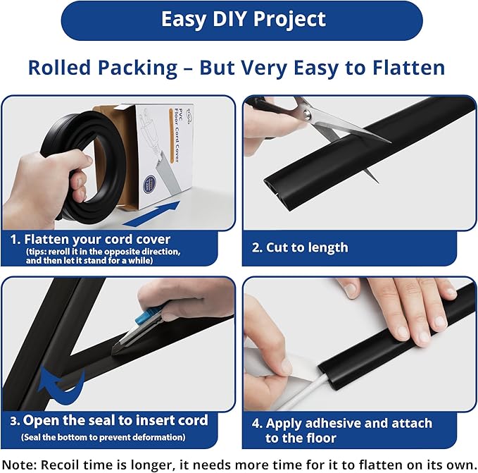 Cord Cover Floor 6ft Black, PVC Floor Cable Cover, Cord Hider Floor Cord Protector Prevent Cable Trips & Protect Wires, Floor Cable Management Hide Cords on Floor, Cord Cavity - W0.47 x H0.28