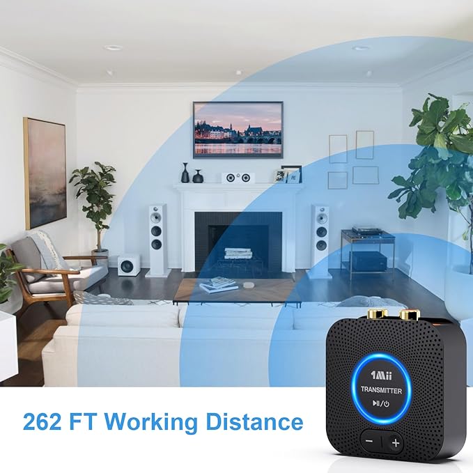 1Mii 2.4GHz Wireless Audio Transmitter Receiver Set for TV, 260Ft/80M Long Range 25ms Low Latency with AUX RCA in/Out,Wireless Audio Adapter for TV PC Powered Speaker Amplifier Soundbar
