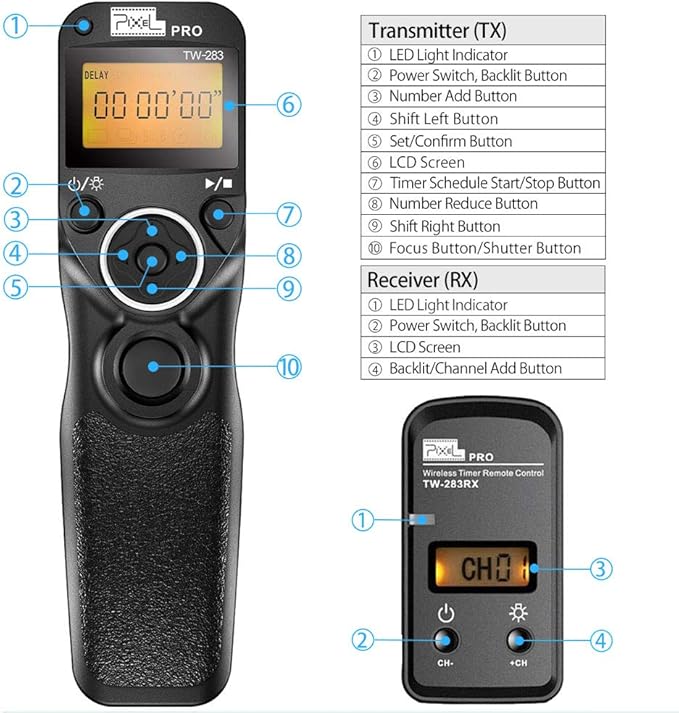 Pixel TW-283 DC2 Wireless Shutter Remote Release Control Intervalometer FSK 2.4GHz Compatible for Nikon Digital SLR Cameras D5000 D5100 D5200 D5300 D5500 D90 D7000 D7100 D7200