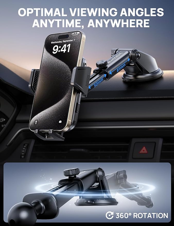 [2025 New] Dashboard Phone Holders for Your Car (+Vent Hook)[Military Grade Stable] Car Cell Phone Holder, Non-Slip Silicone Carbon Fiber Car Phone Mount, Rotatable Suction Cup for All Phone, Gold