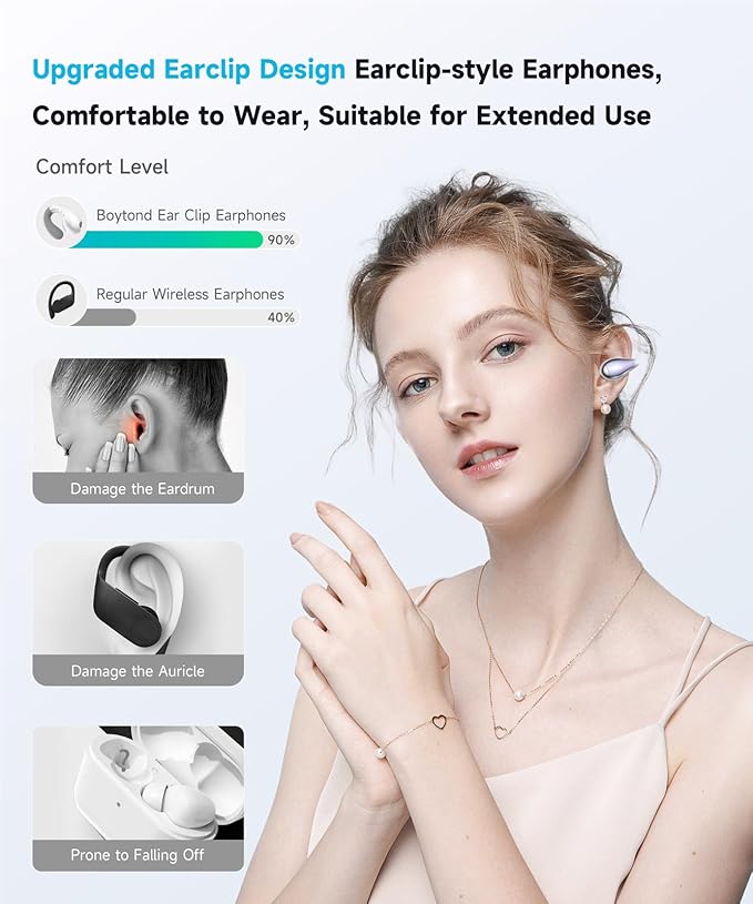 Ultra Open-Ear-Earbuds Wireless Bluetooth - Ergonomic Clip-On Earbuds, Bone Conduction Over-The-Ear Headphones with Waterproof Design and Secure Fit for Small Ears, Purple