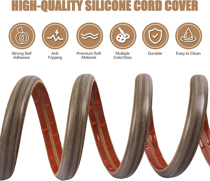 Floor Cord Cover Self Adhesive Cord Hider,10FT Cable Management, Extension Strip Protector for Wires, Prevent Cable Trips for Offices, Gyms, Exhibitions Cavity:0.51"(W) x 0.3"(H) Wood Walnut