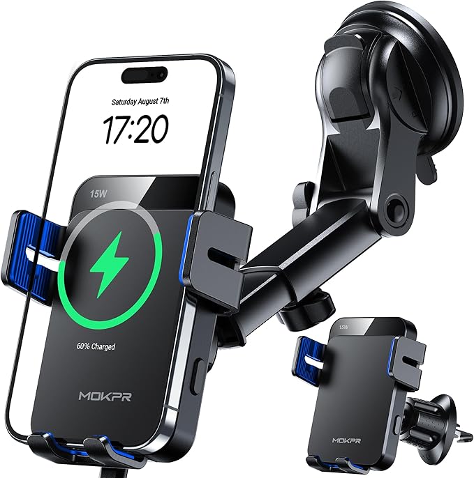 MOKPR Wireless Car Charger, 15W Auto Clamping Car Charger Dash Windshield Air Vent Phone Holder Compatible with iPhone 16 15 14/13/13 Pro/12 pro/12/11/X/8, Samsung S24/S23/S22, Blue
