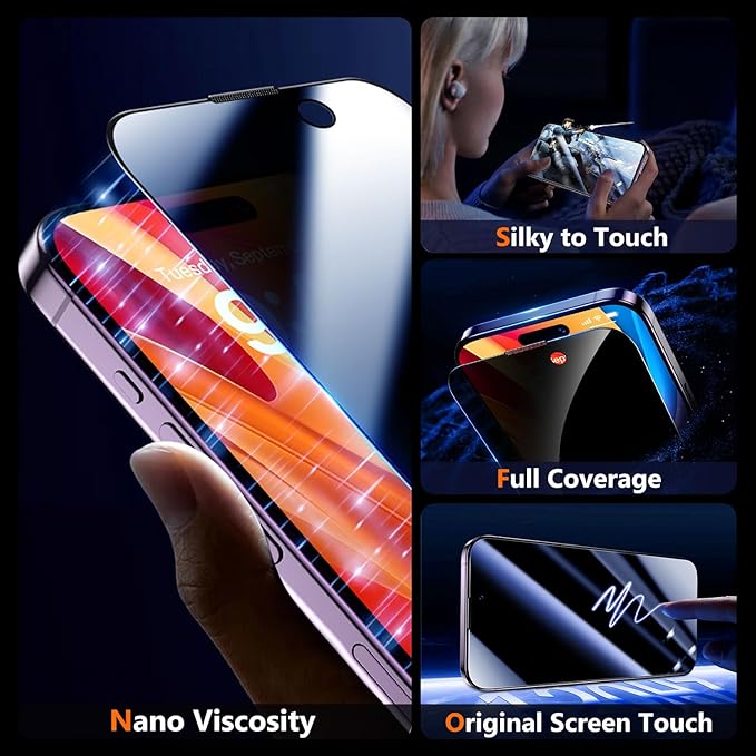 UniqueMe for iPhone 14 Pro Privacy Screen Protector - [Military Grade Shatterproof & 9H+ Hardness] Screen Protector 14 Pro Tempered Glass Full Coverage Protection, Easy to install, 2 Packs