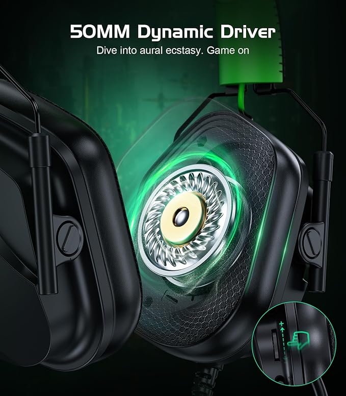 HW12 Gaming Headset for PC,PS5,PS4,Xbox One,Switch,Gaming Headphones with Microphone Wired Headset with 3.5mm Audio Jack (Black/Green)