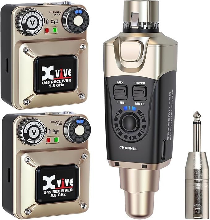 Xvive U45R2 Wireless in Ear Monitor System 5.8ghz IEM System 1 Transmitter and 2 Bodypack Receiver for Studio, Band Rehearsal, Live Performance, Channel Scan Mode