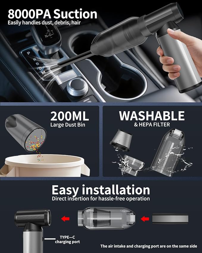 BOBYE Electric Compressed Air Duster & Keyboard Cleaner, 2-in-1 Blower & Vacuum with 180W Brushless Motor, 6000mAh Battery, 3-Gear Adjustable for Computers, Cars, Furniture, and Outdoor Cleaning