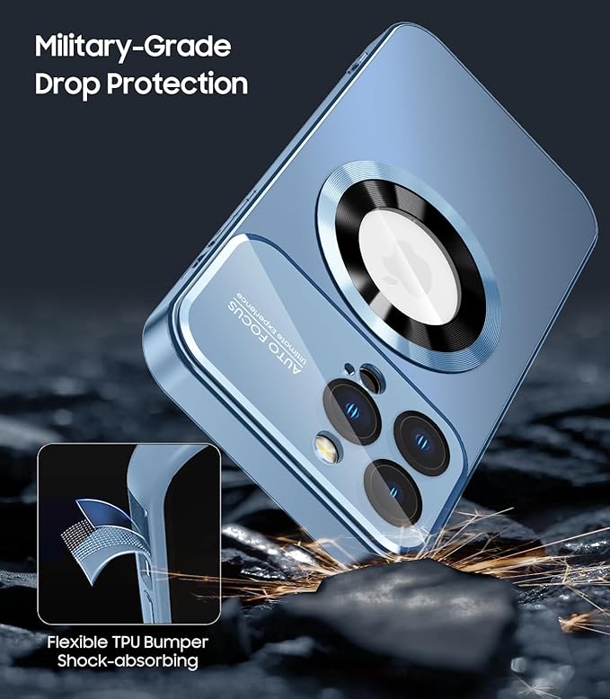 Magnetic for iPhone 12 Pro Max Case, Compatible with MagSafe, Built-in Camera Lens Protector, Logo View, Military Grade Drop Proof Phone Case Cover, Sierra Blue