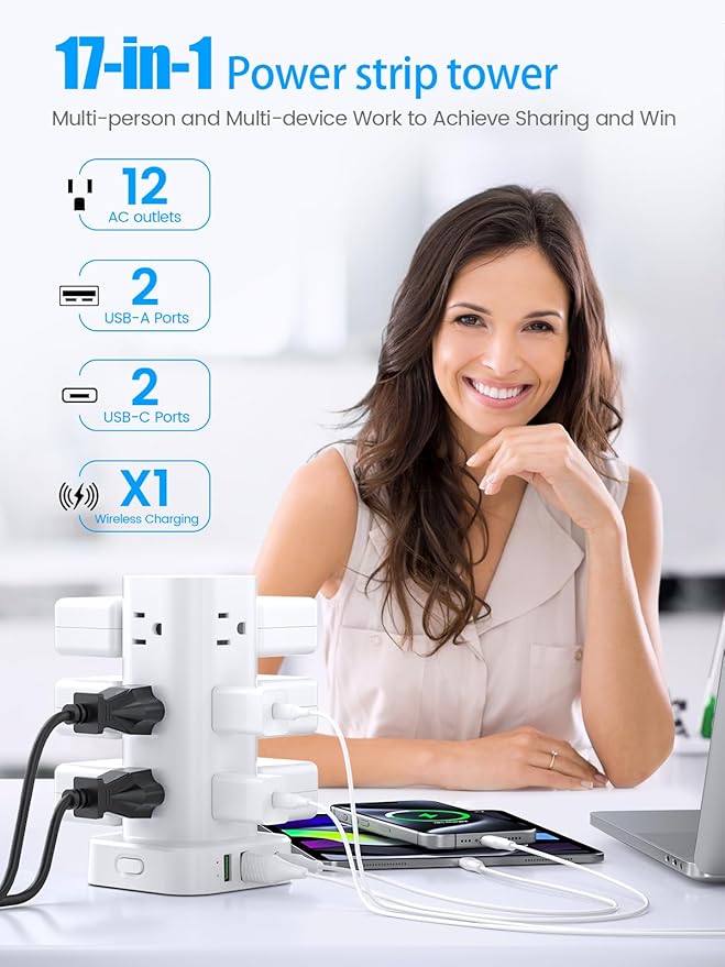 Tower Power Strip with 15W Wireless Charger, 10FT Flat Plug Extension Cord with Multiple Outlets, 12 AC Outlets, 4 USB Ports (2 USB C) Charging Station Surge Protector for Office Home Dorm Room(White)