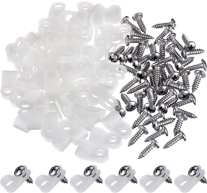 Hicarer 50 Pack R-Type Cable Clip Wire Clamp, Nylon Screw Mounting Cord Fastener Clips with 50 Pack Screws for Wire Management (White, 1/4 Inch)