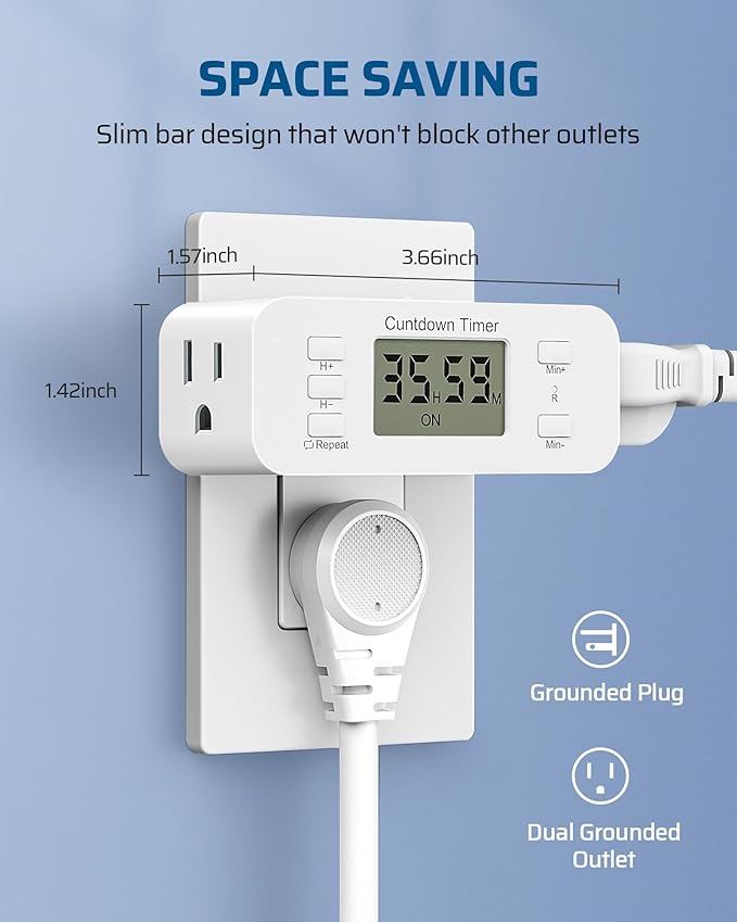 DEWENWILS 2 Pack Indoor Countdown Timer Outlet, Timers for Electrical Outlets Indoor, Large Screen and Repeat Function, Up to 36 Hours, Auto Shut Off for Fan, Lights, Charger, 125V 60Hz