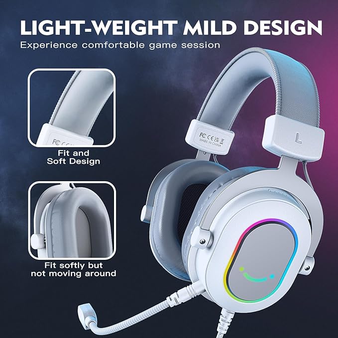 FIFINE USB Gaming Headset, PC Headphones Wired with Microphone for Computer/Laptop, Over-Ear RGB Headset with 7.1 Surround Sound, Noise Cancellation for Streaming Video Game- AmpliGame H6 (White)