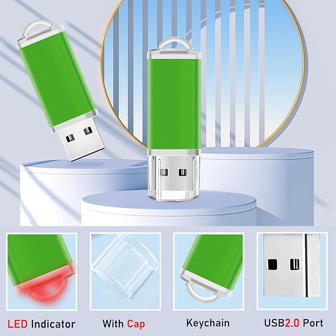 Memorias USB 2GB Flash Drive 50 Pack, USB 2.0 Thumb Drives Bulk Memory Sticks 2GB Fat USB Flash Drives Bulk Jump Drives Multipack Pack of 50 with Lanyard(Green 50 Packs 2 GB)