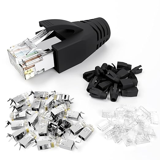 VCE RJ45 Connectors CAT7/CAT6A UL-Listed 30-Pack Non-Pass-Thru, Shielded Modular Plugs Gold Plated Network Ends for 23AWG Ethernet Cable with Strain Relief Boots - Black