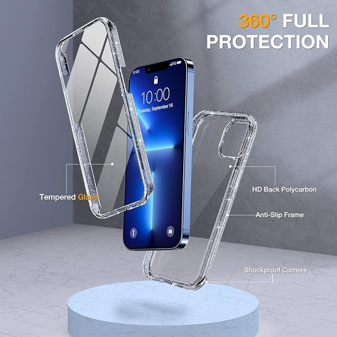 Miracase Glass Case for iPhone 13 Pro Max 6.7 inch, Upgrade Full-Body Clear Bumper Case with Built-in 9H Tempered Glass Screen Protector for iPhone 13 Pro Max, Clear Glitter