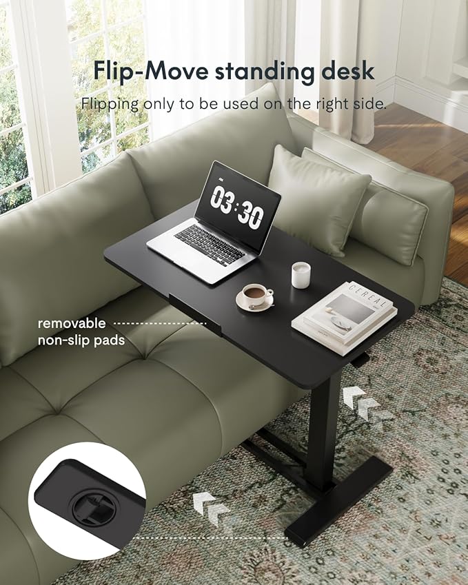 FLEXISPOT H7 PRO Mobile Standing Desk Adjustable Overbed Table Pneumatic with Wheels 90°Tiltable Portable Laptop Desk Rolling Computer Cart Foldable Bedside Table(27.6" W x 15.7" D, Black)