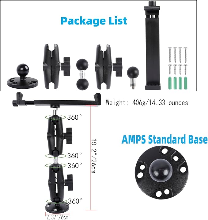 Aluminum Heavy Duty Drill Base Car Tablet Mount for 6.5"-12.9" Tablets/iPad Pro/Mini/Samsung Tab/Surface, 360° Adjustable 2-Stage Tablet Holder for Truck, Business Vehicle, Desktop, Wall, etc.