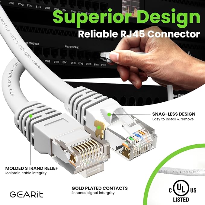 GEARit Cat 6 Ethernet Cable (1-Pack 3 Feet) Cat6 Network Patch, 10Gbps, RJ45, Snagless Cord, Gold-Plated Connectors, Internet for PC, TV, Tablet, Router, Printer, Servers, IT Data Center - White