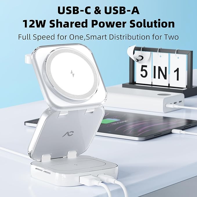 5-in-1 Wireless Charger for MagSafe, AC ISLAND Portable Travel Charging Station, 15W Max Fast Foldable Magnetic Stand, Evolved for iPhone 16/15/14/13 Series, Apple Watch, AirPods (with 35W Adapter)