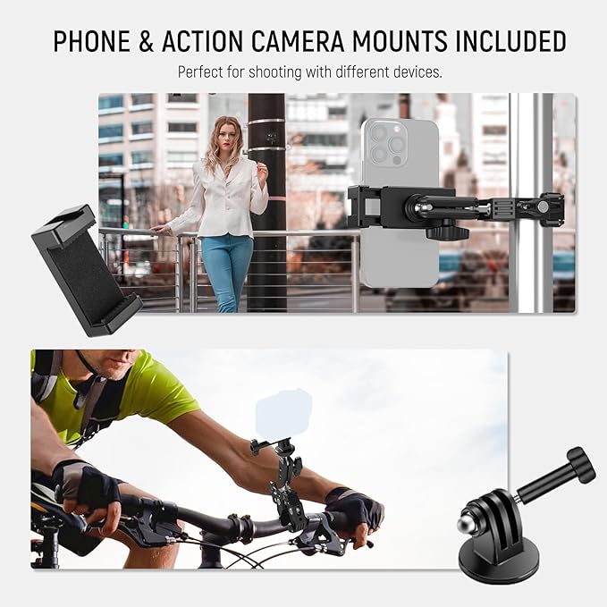 NEEWER Super Clamp with 3" Dual Ballhead Magic Arm, Cold Shoe, 1/4" Threads, Phone/Action Camera Mount Adapter for Desk Tripod Tube Crossbar Gimbal Rods Compatible with SmallRig GoPro DJI, ST83