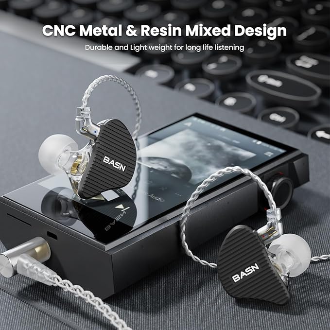 BASN Mix-PD in Ear Monitor,1Planar Driver + 1Dynamic Driver HiFi IEM Earphones with CNC Crafted Metal Cover, Wired 0.78mm 2-Pin Silver Plated Detachable Cable for Musicians (Black)